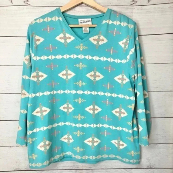 Pendleton Vintage Y2K Aztec Printed Blue Long Sleeve T-Shirt L - Picture 2 of 4